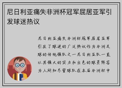 尼日利亚痛失非洲杯冠军屈居亚军引发球迷热议