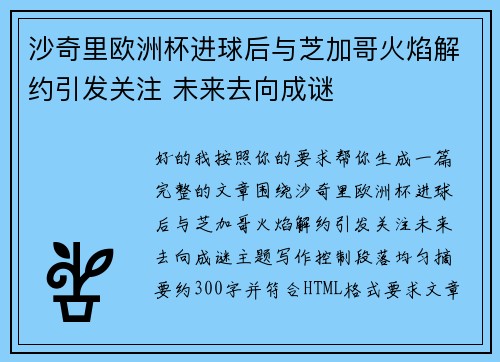 沙奇里欧洲杯进球后与芝加哥火焰解约引发关注 未来去向成谜