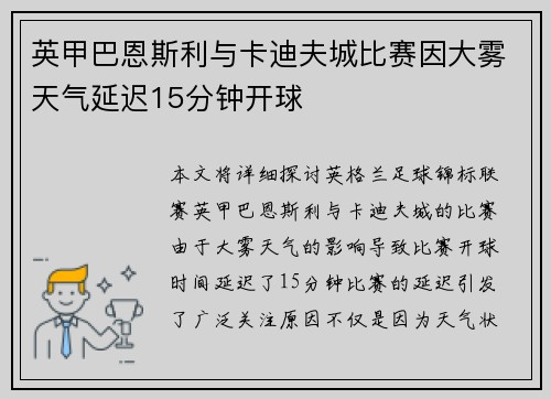 英甲巴恩斯利与卡迪夫城比赛因大雾天气延迟15分钟开球